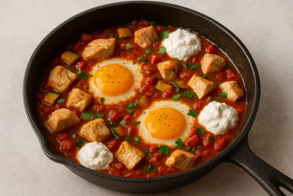 Shakshuka protéinée au Skyr avec œufs pochés, poulet et légumes dans une poêle en fonte sur fond clair