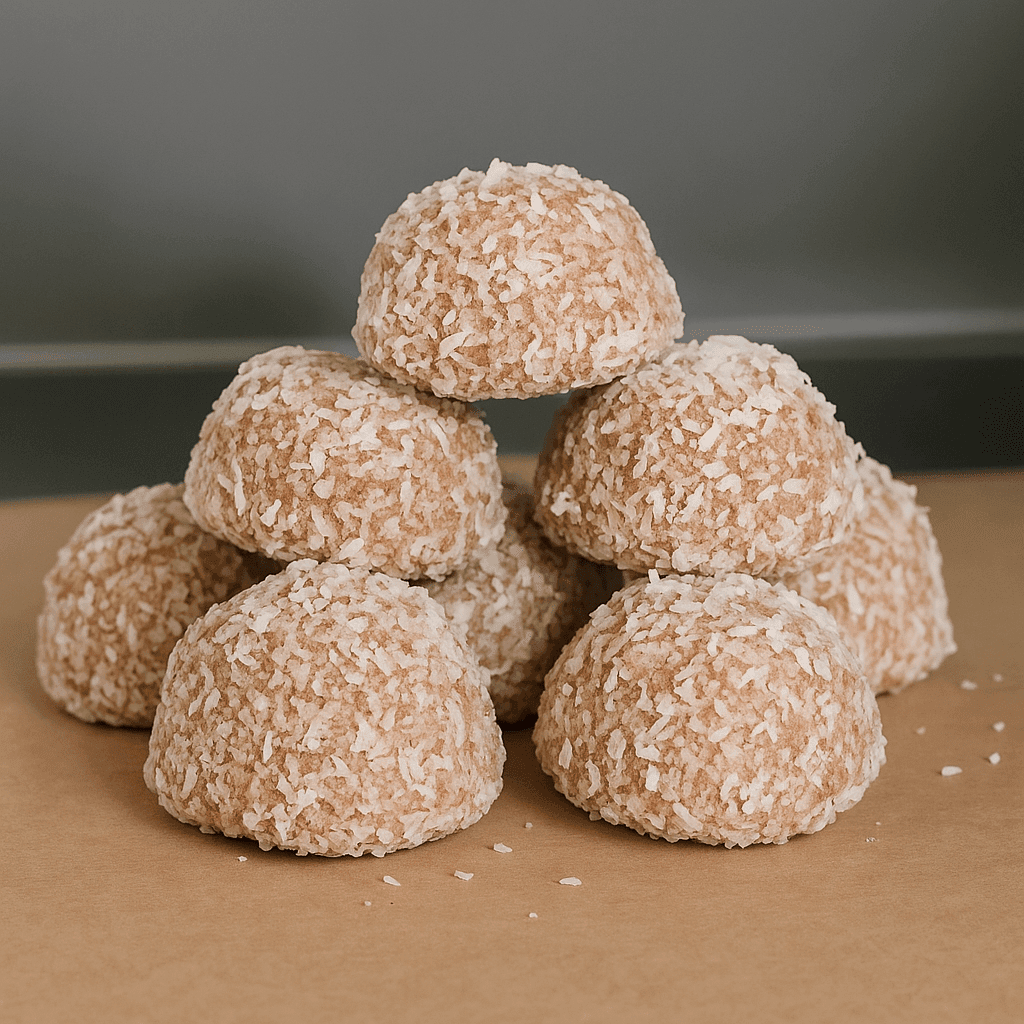 Boules coco-cacao sans cuisson présentées dans une assiette – collation saine et maison