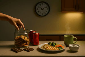 Fringale de 21 h : main vers un bocal de cookies, face à une assiette saine poulet-quinoa-légumes; horloge indiquant 21 h.