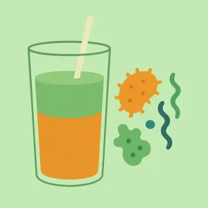 Illustration moderne d’un verre de jus vert et orange entouré de bactéries stylisées, symbolisant l’impact d’une cure de jus sur le microbiote.