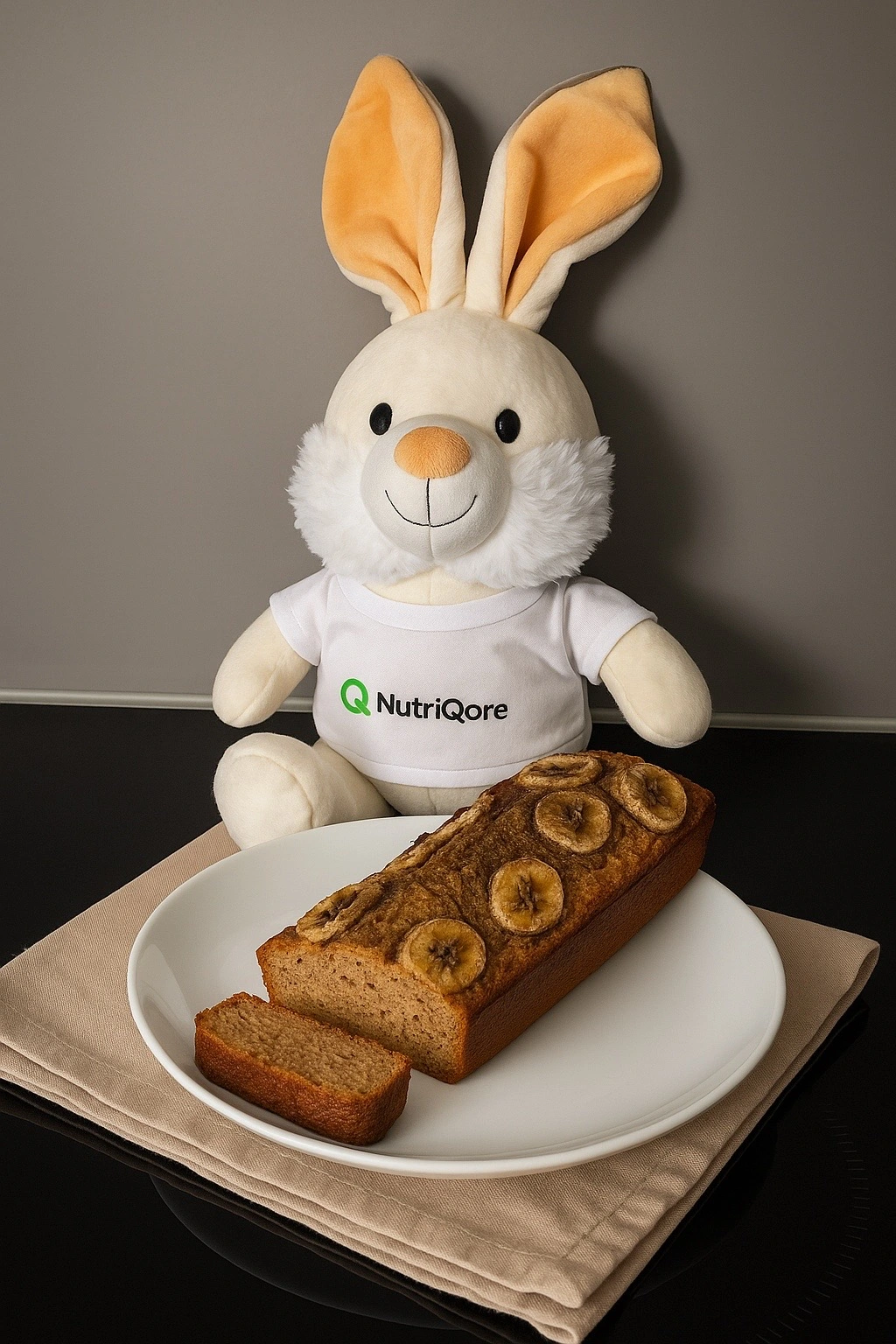 Banana bread healthy moelleux avec la mascotte Qorentin – Recette saine NutriQore