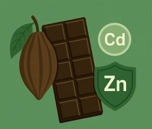 tablette de chocolat noir et gousse de cacao, icônes Cd (cadmium) et Zn (zinc) sur fond vert, illustrant les risques du cadmium et le rôle protecteur du zinc.