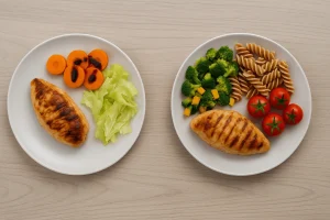 Comparaison visuelle entre une assiette restrictive sans féculents (poulet, salade, carottes) et une assiette équilibrée (poulet, pâtes complètes, légumes variés, tomates) pour perte de poids durable