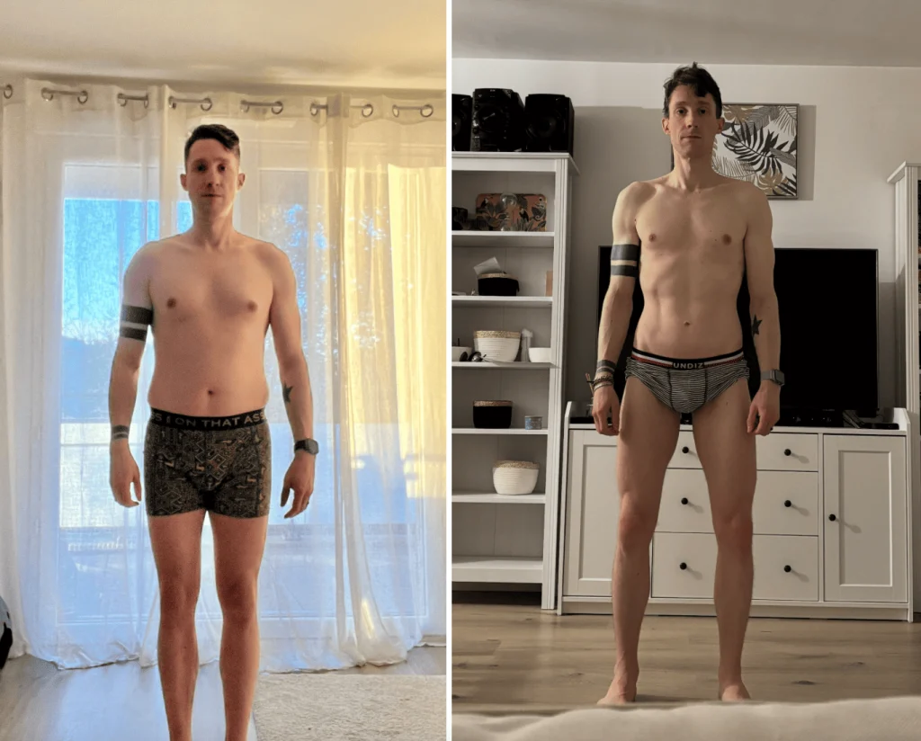 Avant / après de Jonathan : perte de poids durable, silhouette affinée grâce à une méthode nutrition + plaisir + sport. coaching nutrition personnalisé