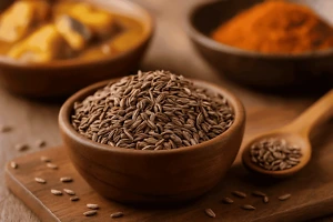 Graines de cumin dans un bol en bois avec une cuillère à épices et un plat oriental flou en arrière-plan, illustrant les bienfaits du cumin sur la santé